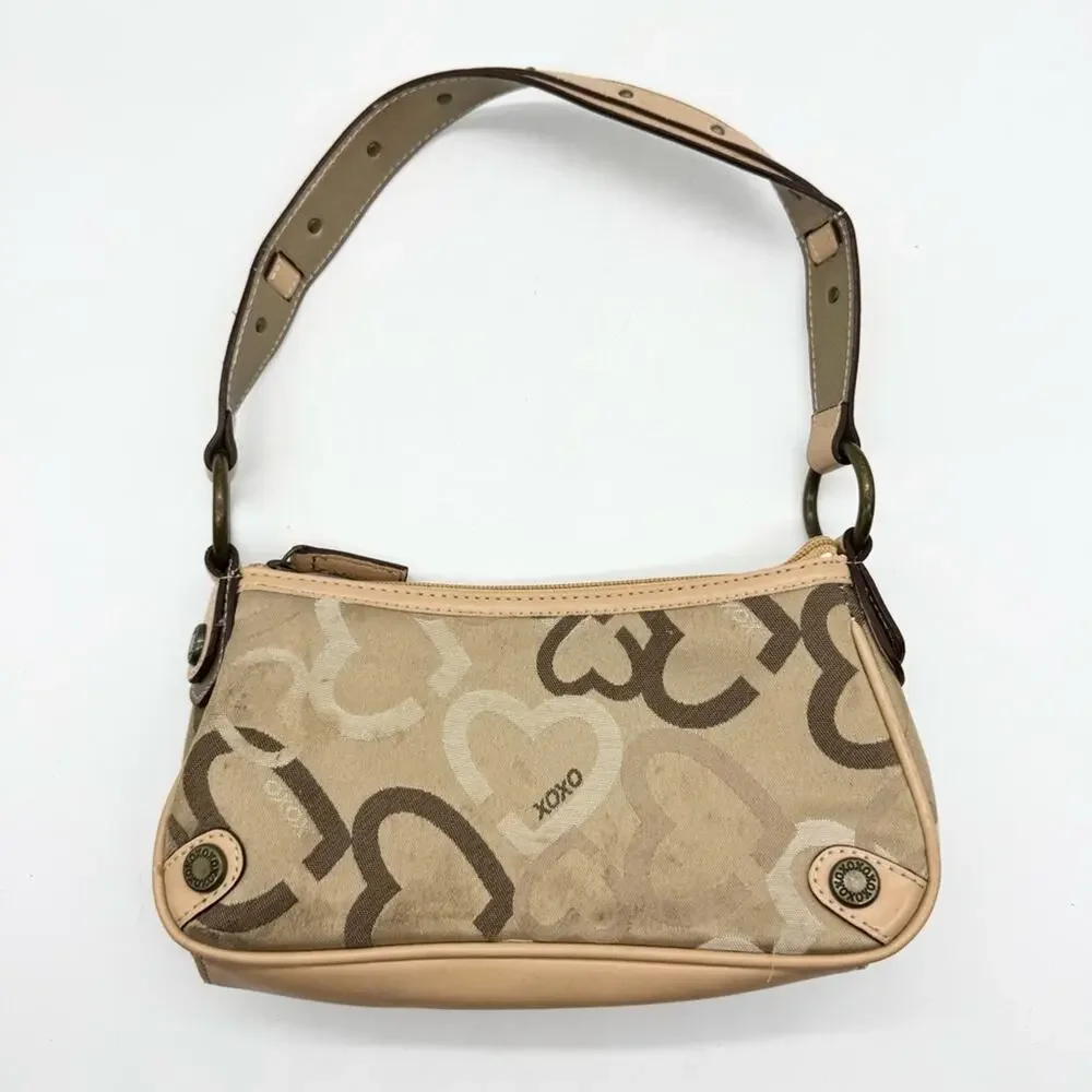 Vintage Y2K XOXO Hearts Canvas Baguette Shoulder Bag Tan Signature Girly Grunge